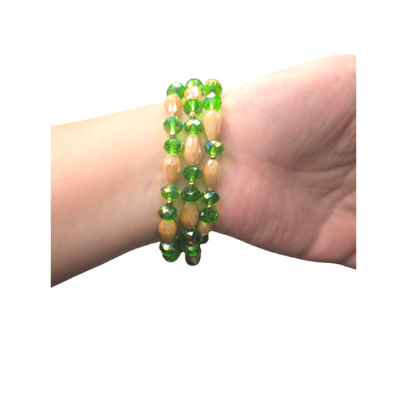 Rubylishious 
Handmade green, and beige glass charms bracelet 
3 layered bracele - Picture 3 of 3